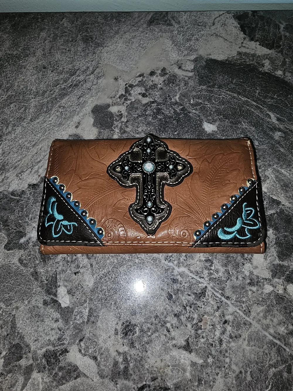 Brown Embossed Cross Accent Wallet with Turquoise Detail